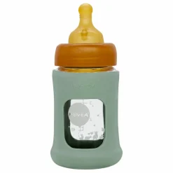 Hevea Biberon en verre à col large avec housse de protection Débit lent | Vert amande Best
