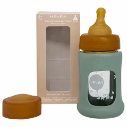 Hevea Biberon en verre à col large avec housse de protection Débit lent | Vert amande Best