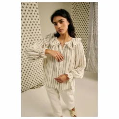 Femme Blue Anemone Blouse Miel Rayée Lin et Coton |