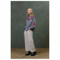 Louise Misha Blouse Pal Rayée Voile de Coton - Collection Femme | Bleu Acier Online