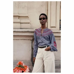 Louise Misha Blouse Pal Rayée Voile de Coton - Collection Femme | Bleu Acier Online