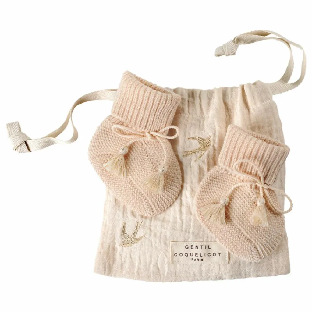 Sale Gentil Coquelicot Chaussons en tricot et pochon brodé | Nude