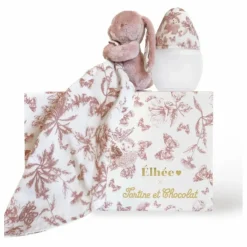 Elhée Coffret biberon en silicone médical et doudou lange Augustin le lapin Toile de Jouy - x Tartine et Chocolat | Rose pêche Discount