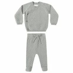 Quincy Mae Ensemble Gilet Pantalon et Béguin Maille Coton Bio | Bleu gris Discount