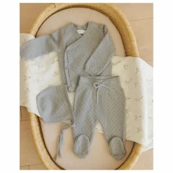 Quincy Mae Ensemble Gilet Pantalon et Béguin Maille Coton Bio | Bleu gris Discount