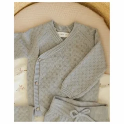 Quincy Mae Ensemble Gilet Pantalon et Béguin Maille Coton Bio | Bleu gris Discount