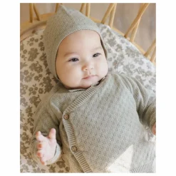 Quincy Mae Ensemble Gilet Pantalon et Béguin Maille Coton Bio | Bleu gris Discount