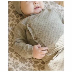 Quincy Mae Ensemble Gilet Pantalon et Béguin Maille Coton Bio | Bleu gris Discount