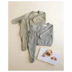 Quincy Mae Ensemble Gilet Pantalon et Béguin Maille Coton Bio | Bleu gris Discount