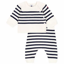 New Petit Bateau Ensemble Pull et Pantalon Marinière Laine | Ecru
