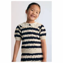 the new society Pull Manches Courtes Rayures Marina Coton Bio | Bleu marine Clearance